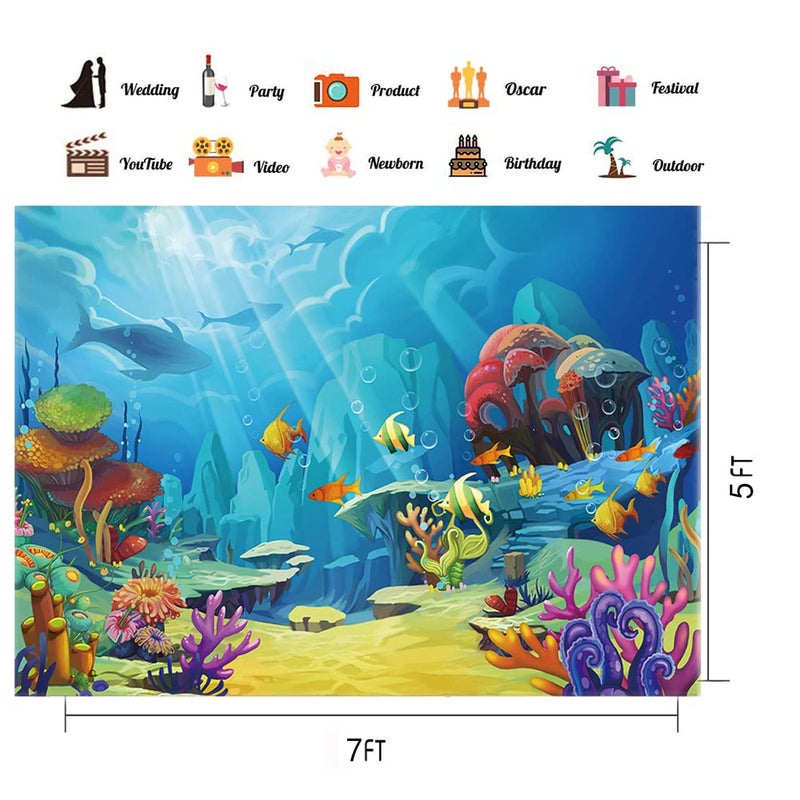 CHAIYA Under The Sea Backdrop Ocean Little Mermaid Backdrop Background for Under The Sea Theme Baby Shower Photo Booth Banner Party Cake Table Decoration 5x3ft - Image 3
